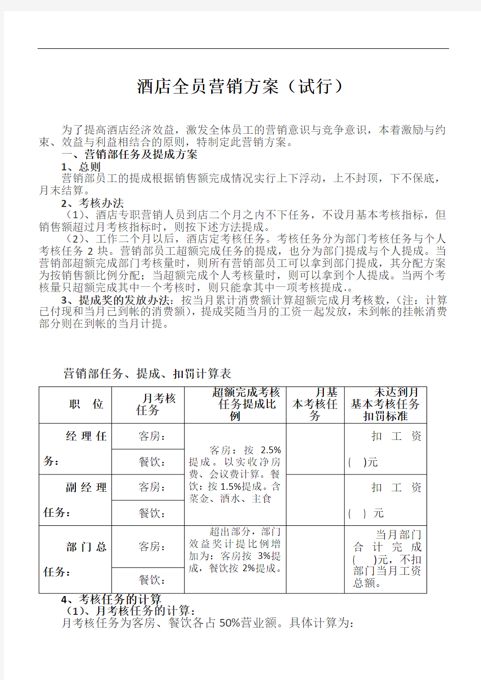 酒店全员营销方案及提成标准