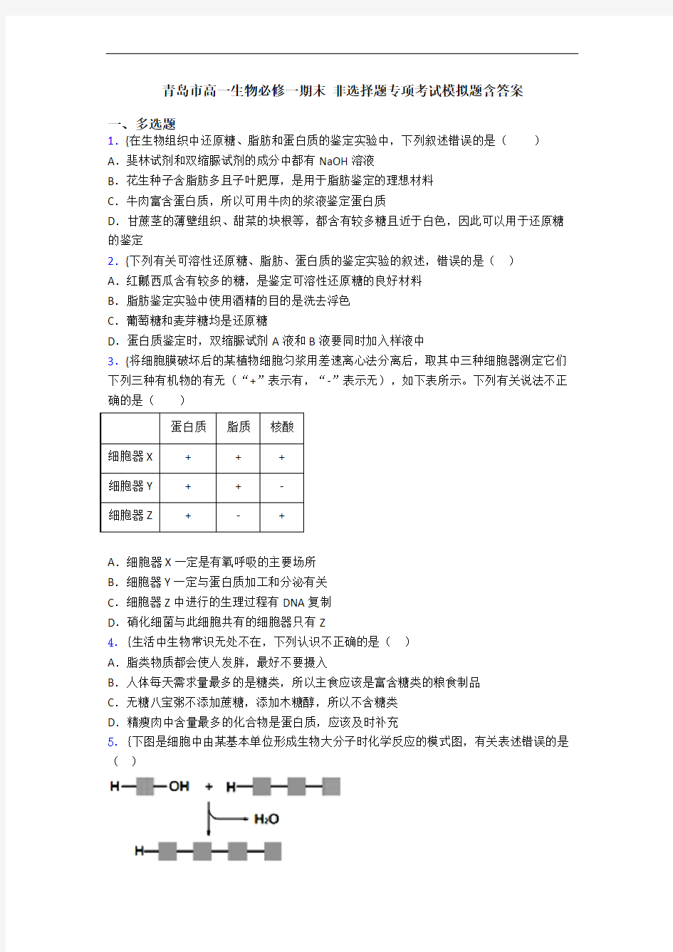 青岛市高一生物必修一期末 非选择题专项考试模拟题含答案