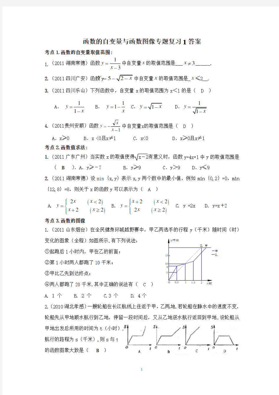 函数的自变量与函数图像专题(有答案)