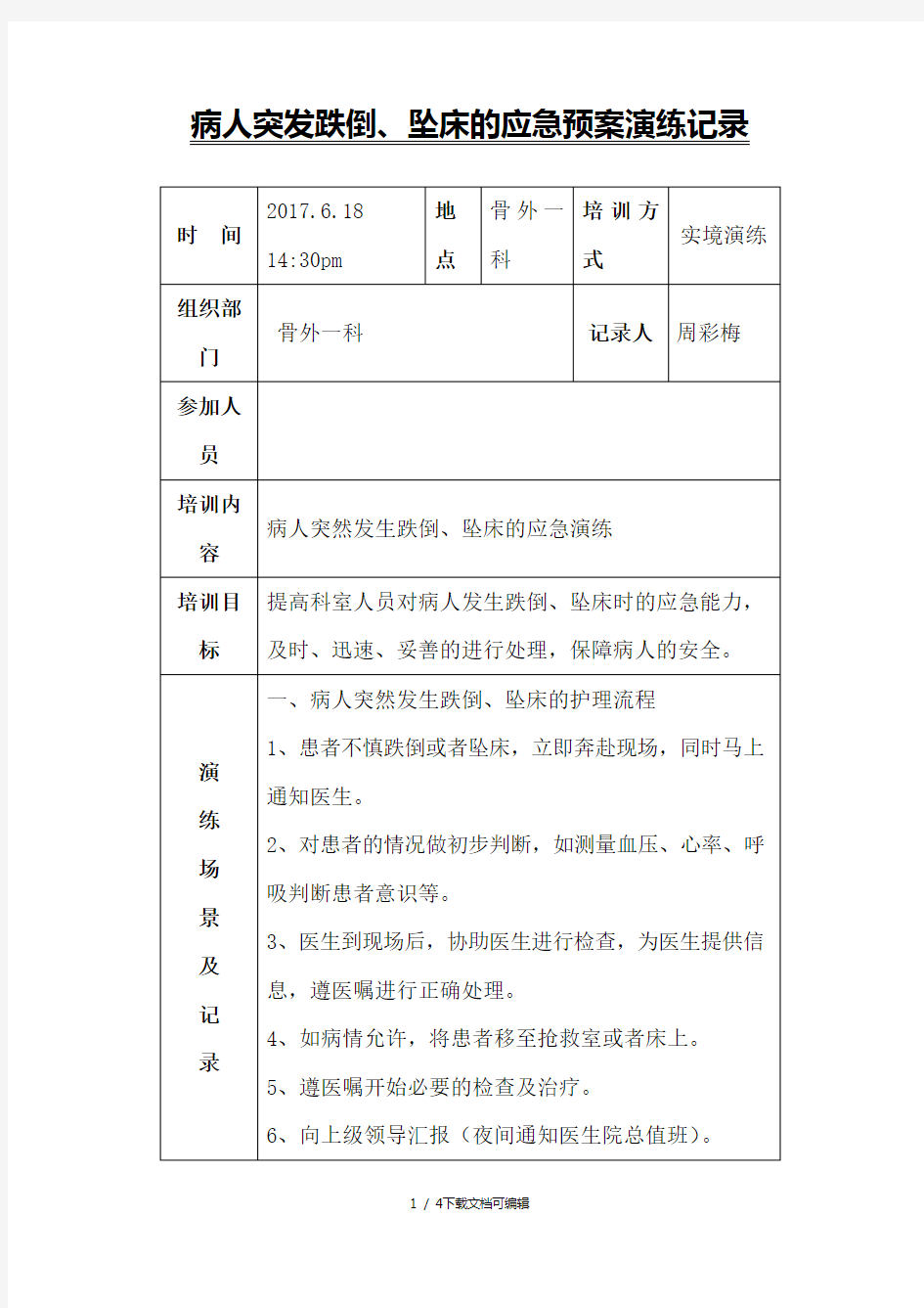 患者发生跌倒坠床的应急预案