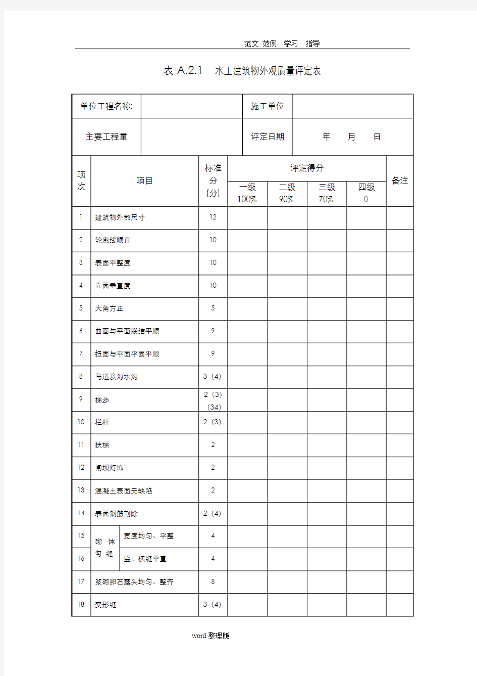 水利水电工程单位和分部评定表格