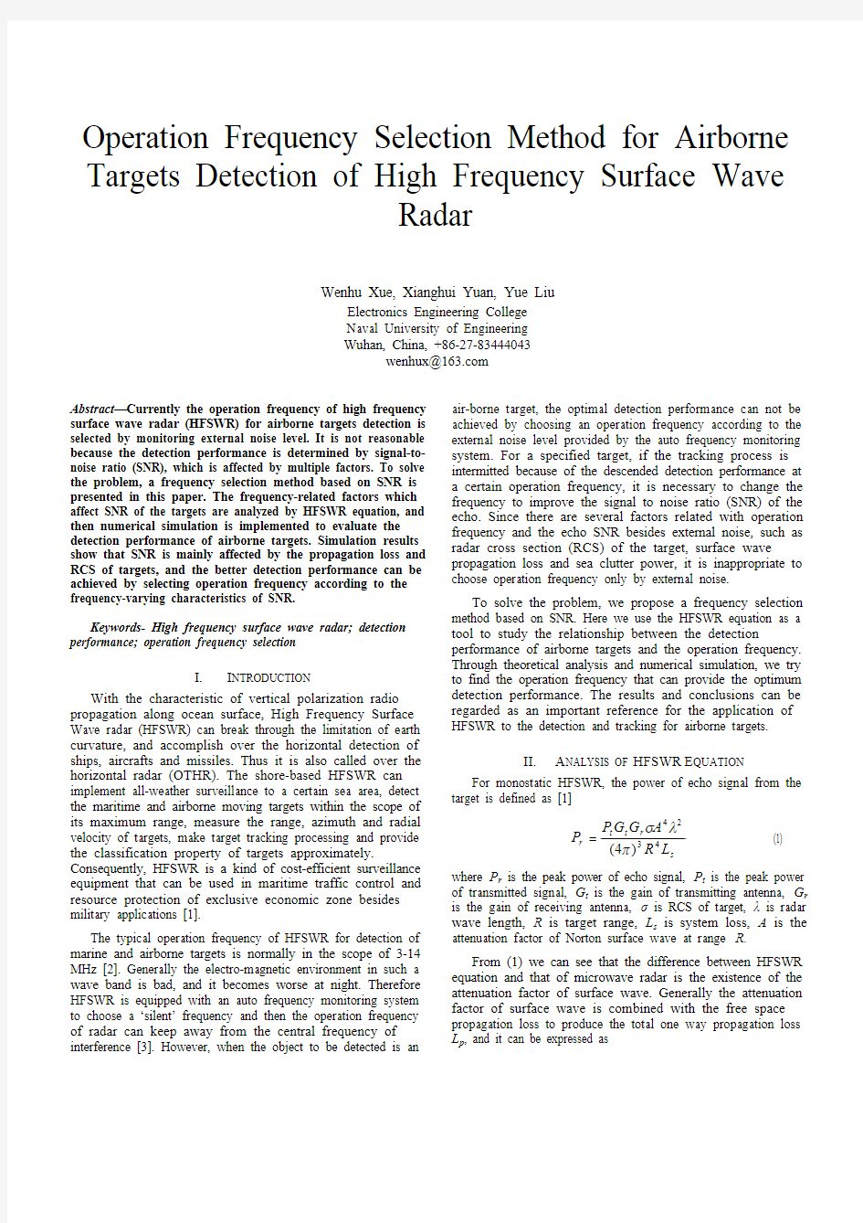 Operation Frequency Selection Method for Airborne Targets Detection of HFSWR