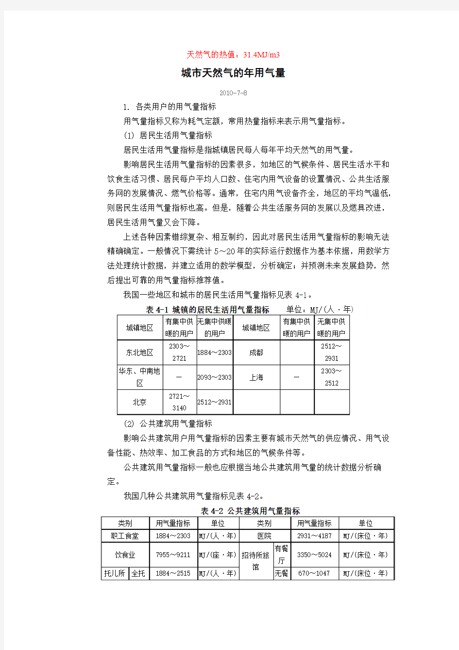 天然气的年用气量估算