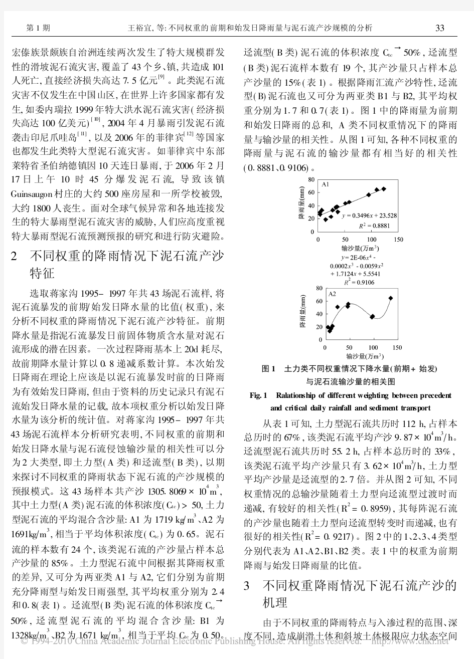 不同权重的前期和始发日降雨量与泥石流产沙规模的分析_特大型泥石流灾害发生的思考