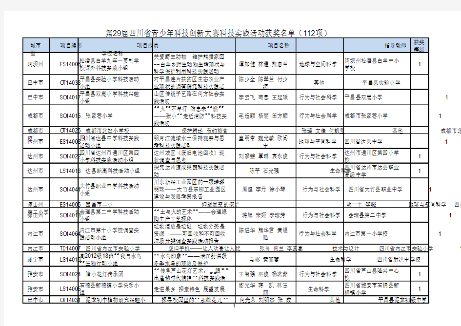 29届四川省青少年科技创新大赛科技实践活动获奖名单项