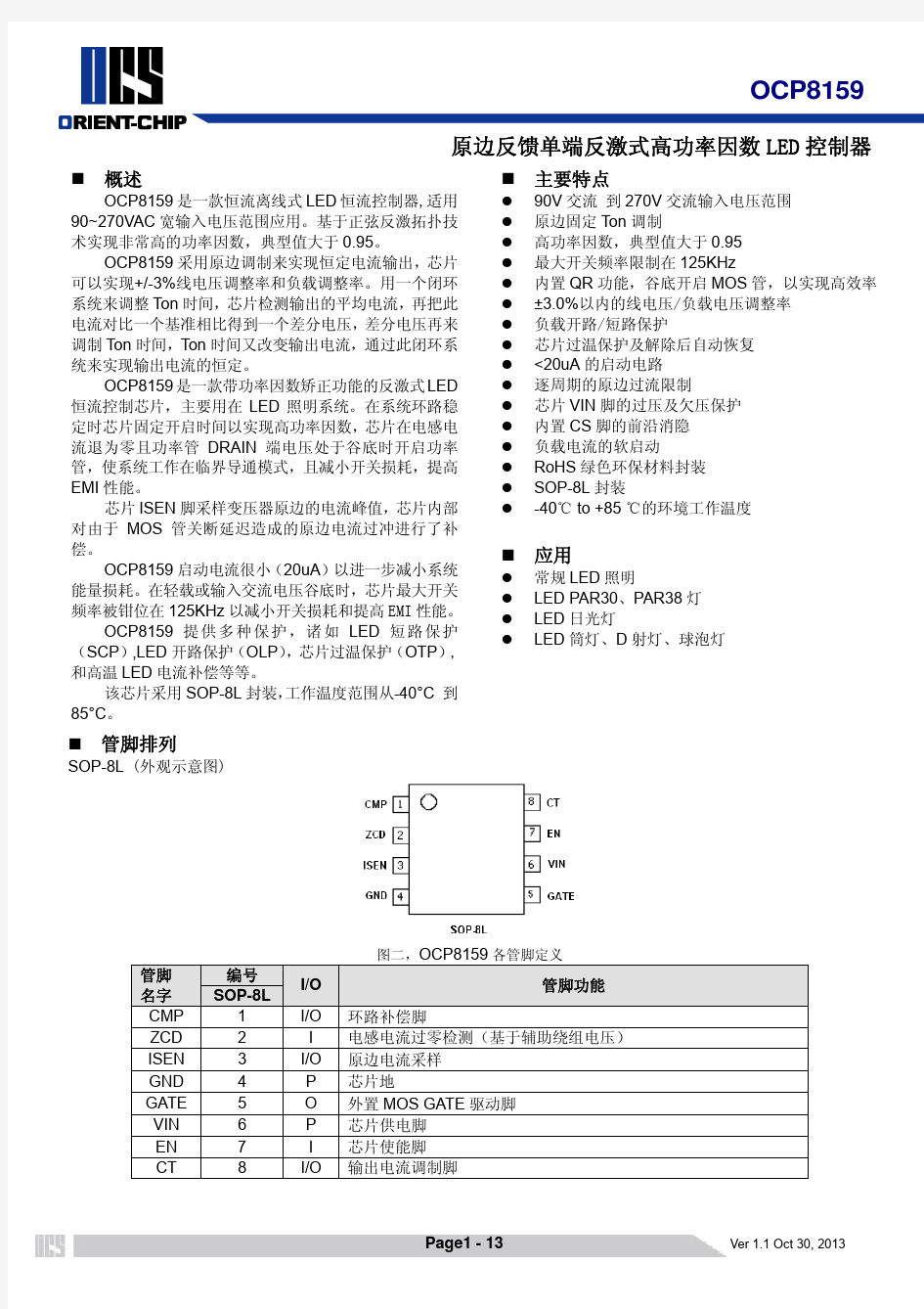 OCP8159 datasheet ver 1.1_20131030_chinese