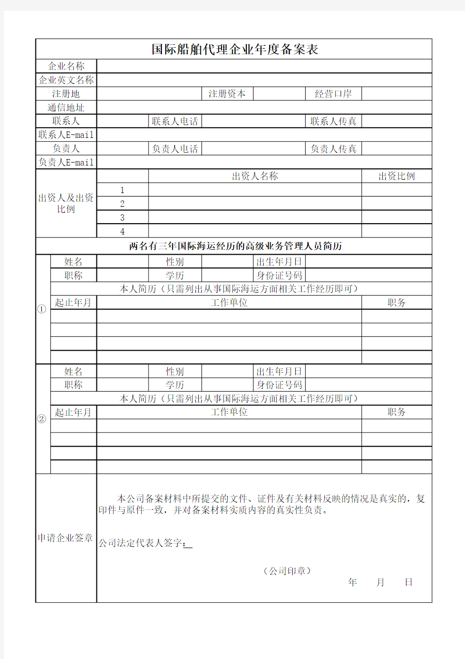 《国际船舶代理企业年度备案表》