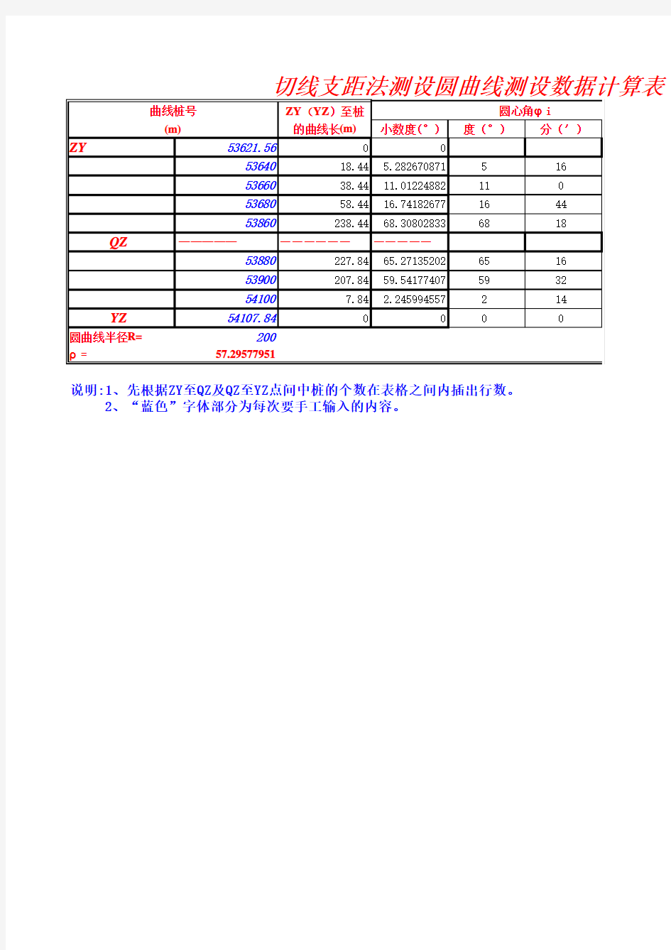 切线支距法测设圆曲线测设数据计算