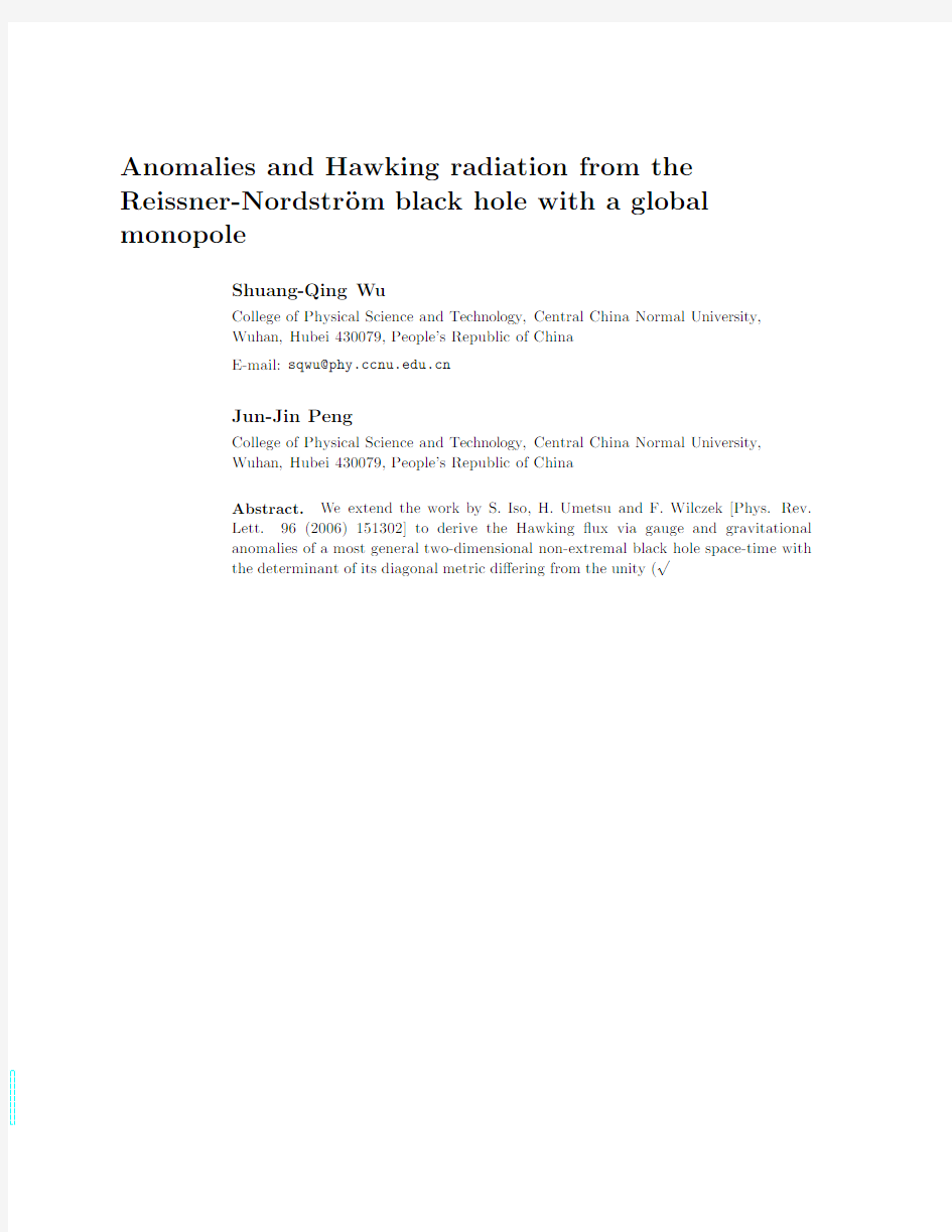 Anomalies and Hawking radiation from the Reissner-Nordstrom black hole with a global monopo