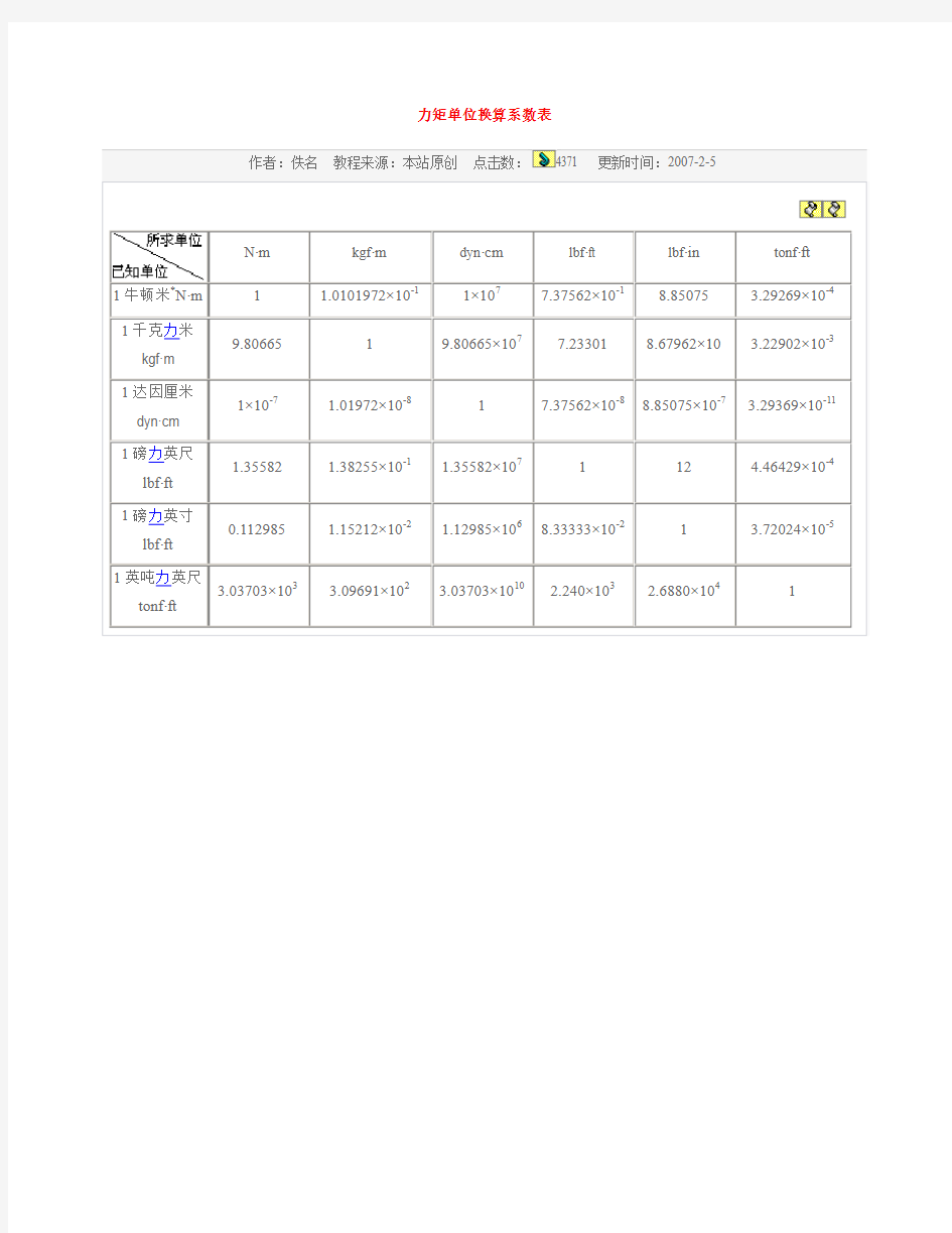力矩单位换算系数表