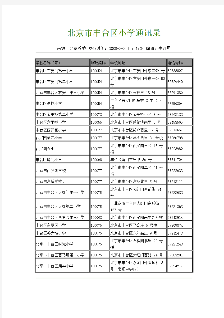 北京市丰台区小学通讯录