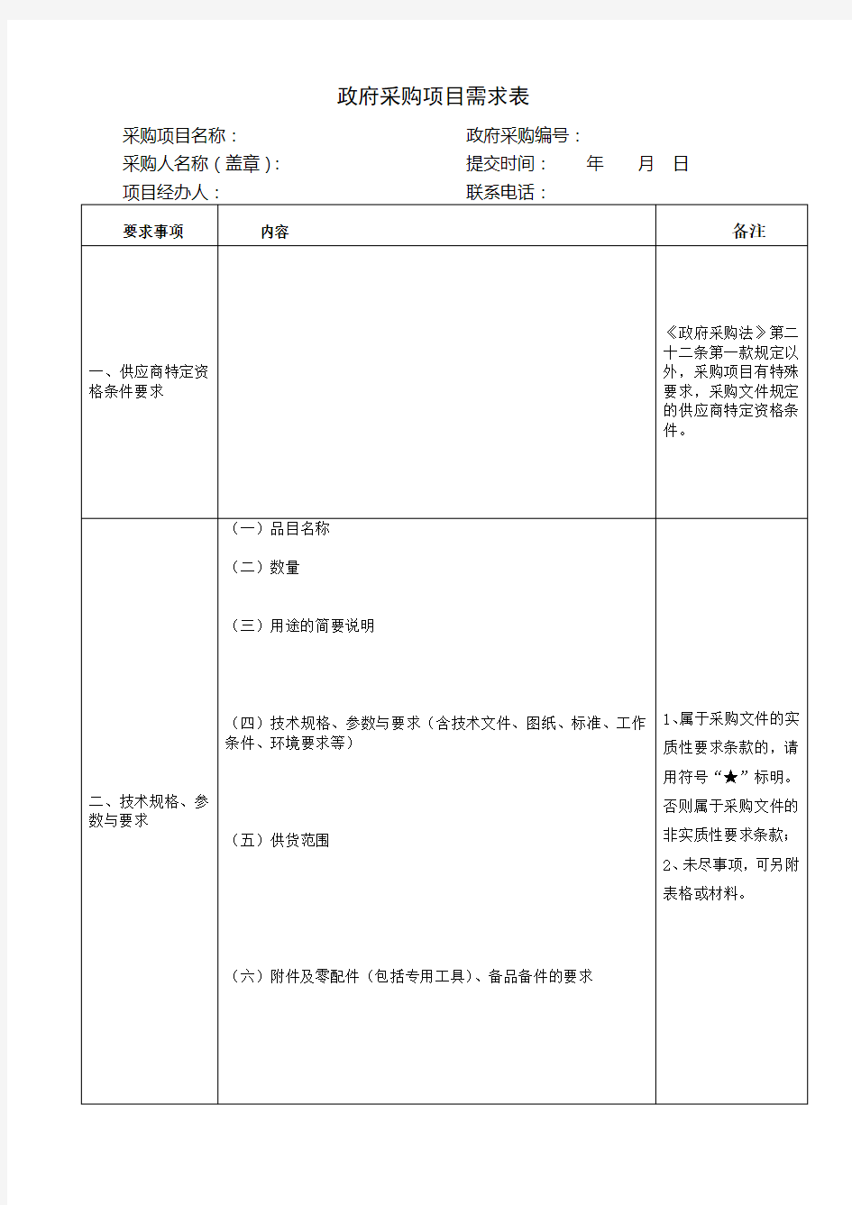 政府采购项目需求表