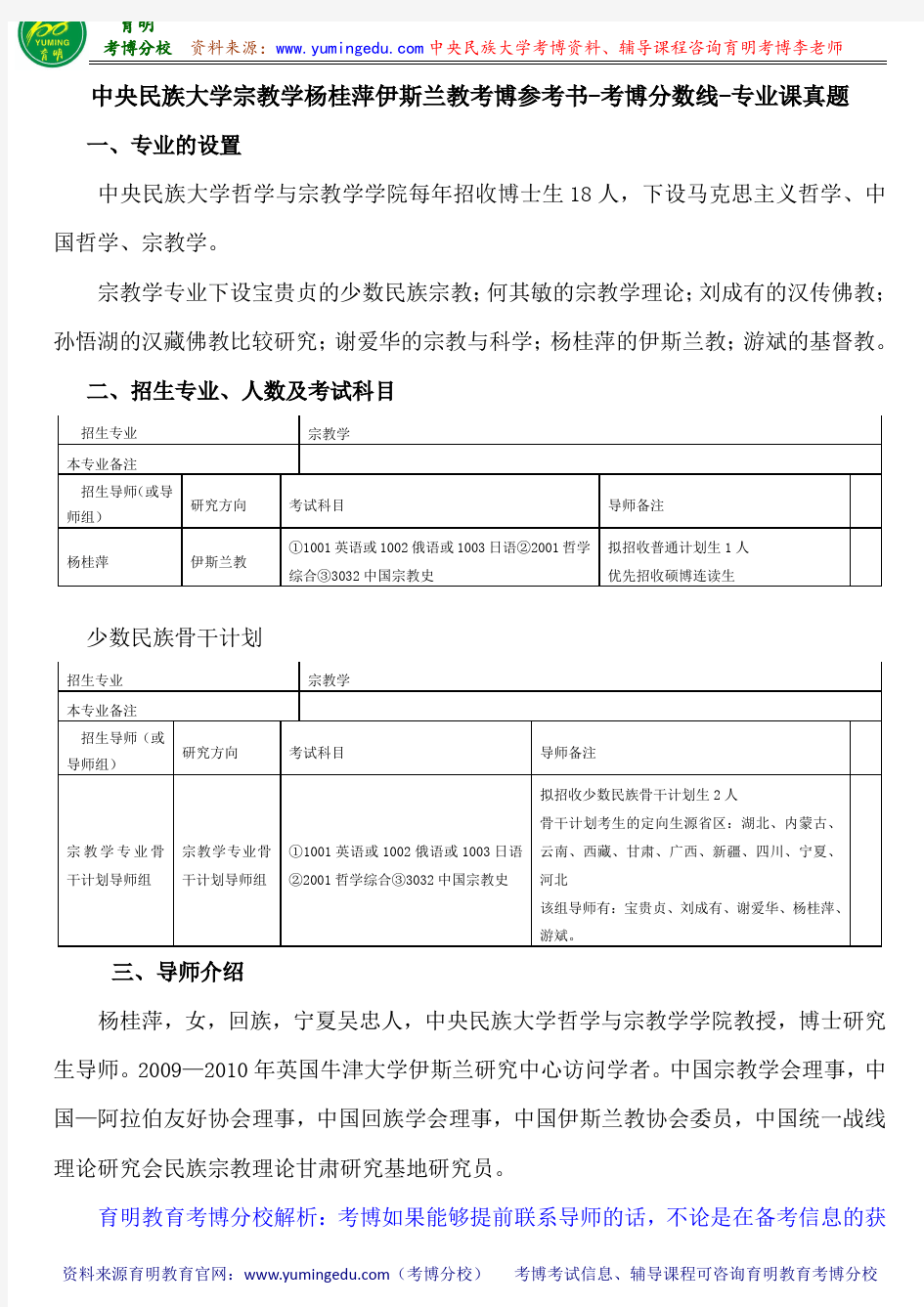 中央民族大学宗教学杨桂萍伊斯兰教考博参考书-考博分数线-专业课真题