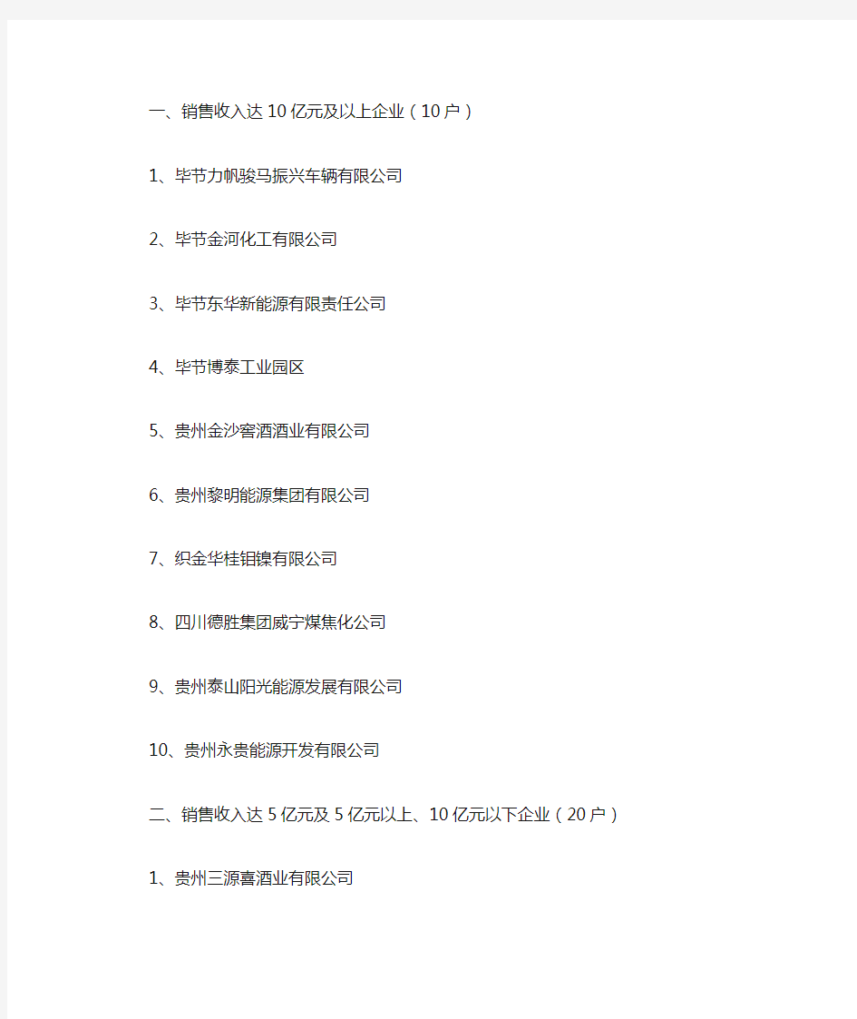 贵州毕节地区亿元销售收入企业名单(100户)