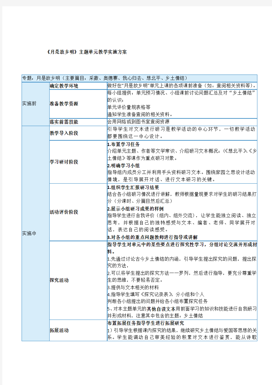 苏教版高一语文《月是故乡明》主题单元教学实施方案_李庆彦