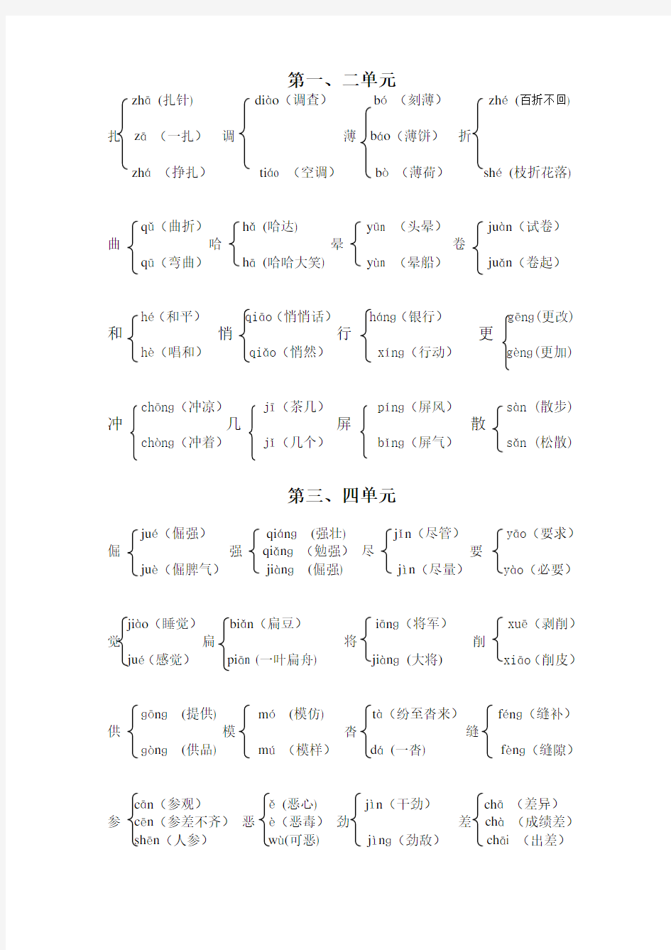 人教版小学六年级语文上册多音字组词