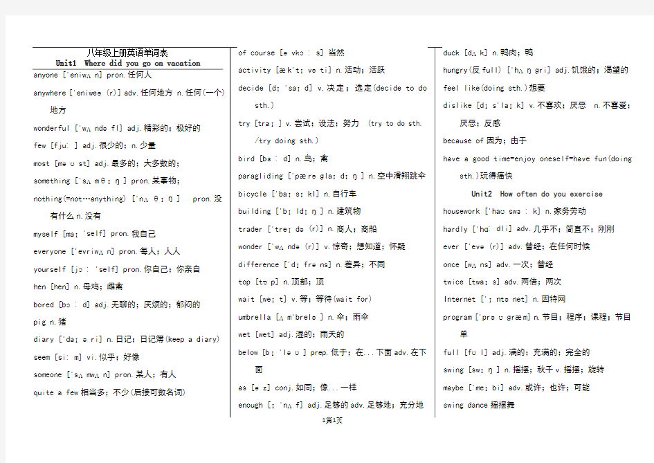 2018人教版八年级上册英语单词表