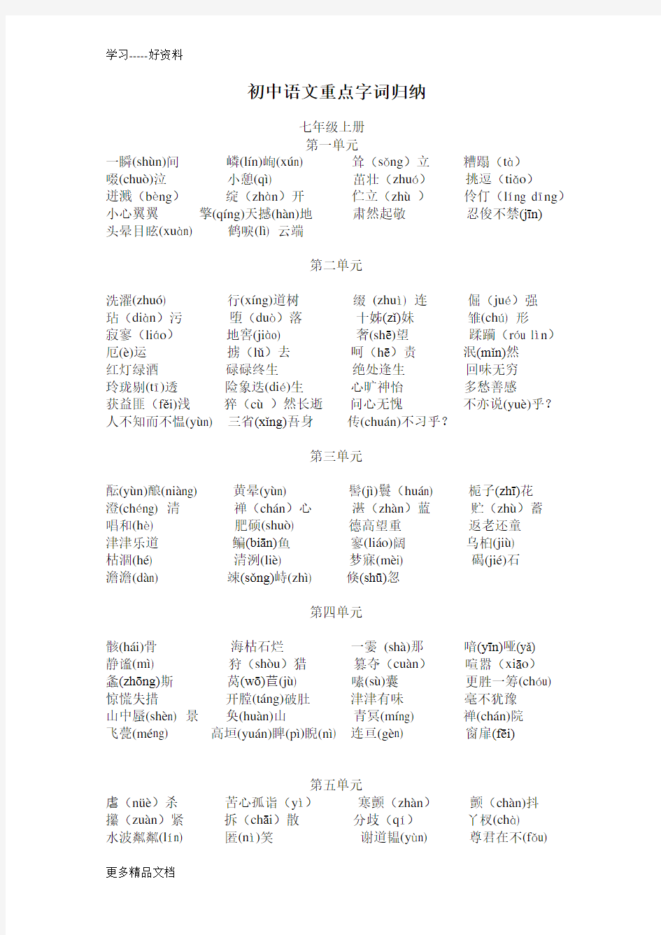 人教版初中语文重点字词归纳汇编