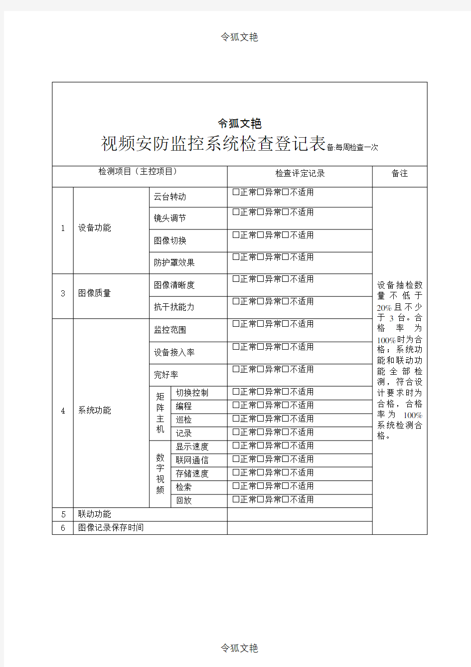 视频监控系统检查表之令狐文艳创作