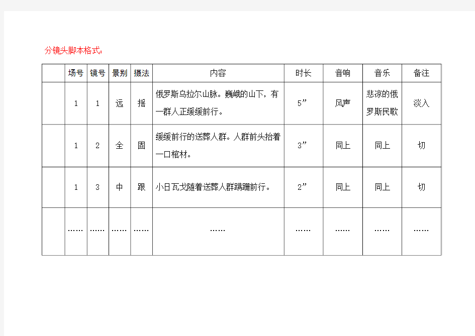 分镜头脚本格式