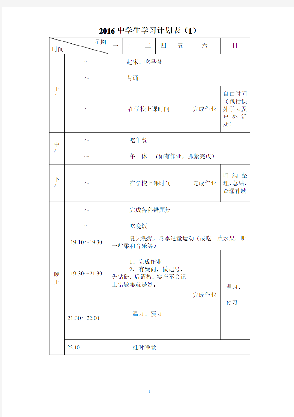 各种中学生学习计划表很全面