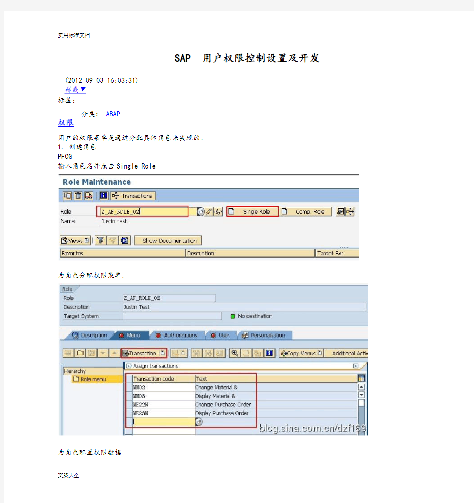 SAP用户权限控制设置及开发