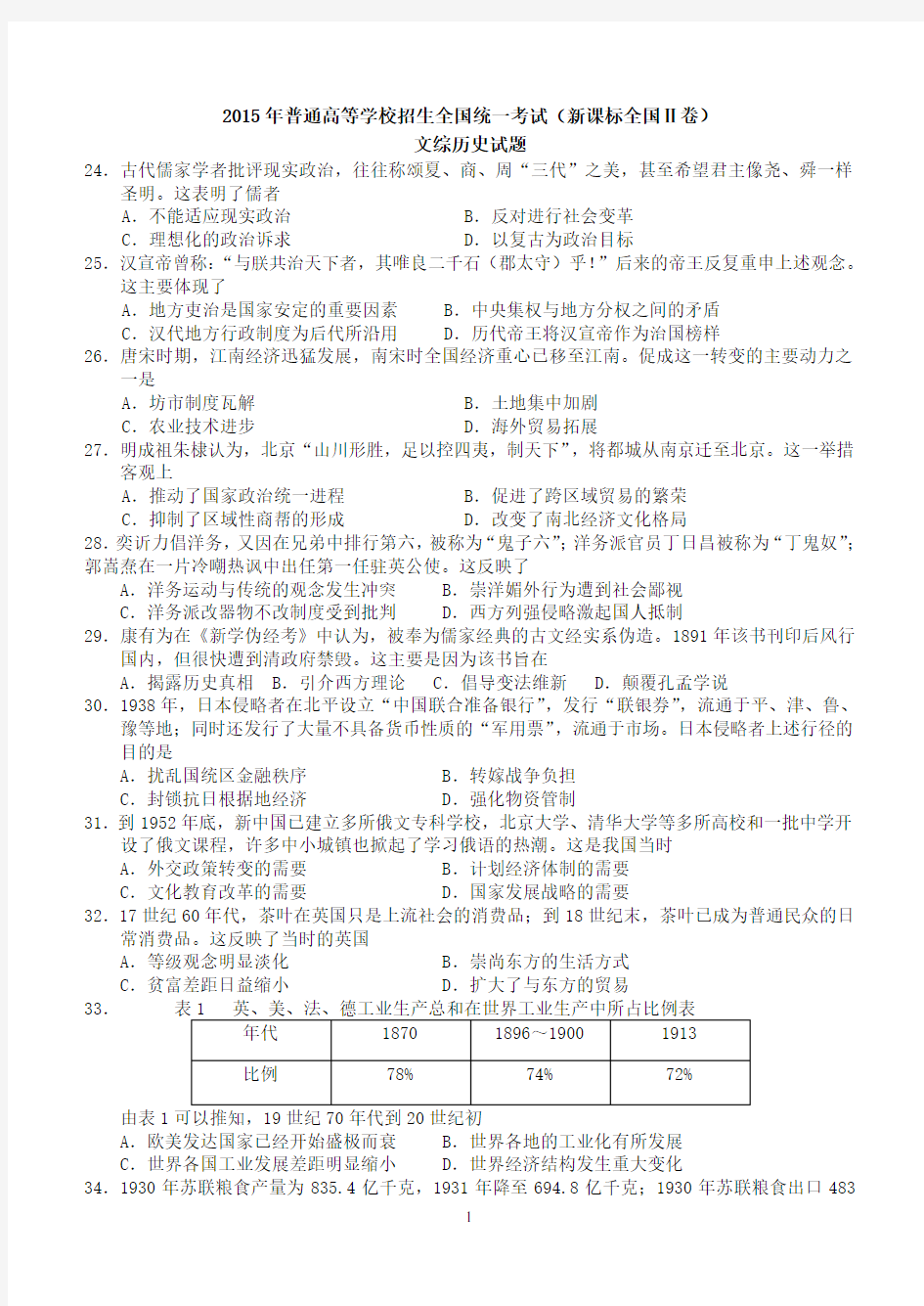 2015年全国2卷历史部分