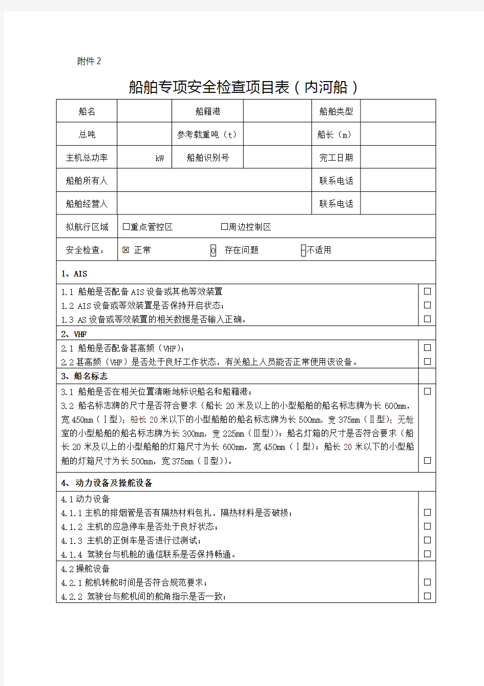 船舶专项安全检查项目表(内河船)