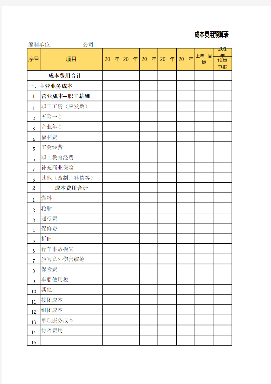 成本费用预算表