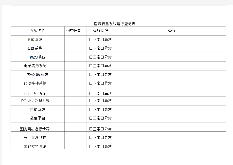 医院信息系统运行登记表