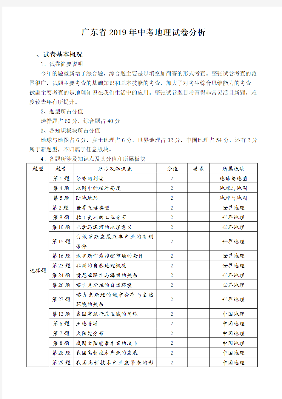 广东省2019年中考地理试卷分析报告