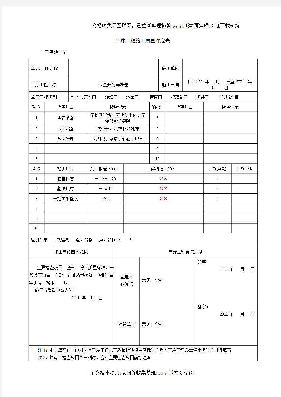 单元工程施工质量评定表