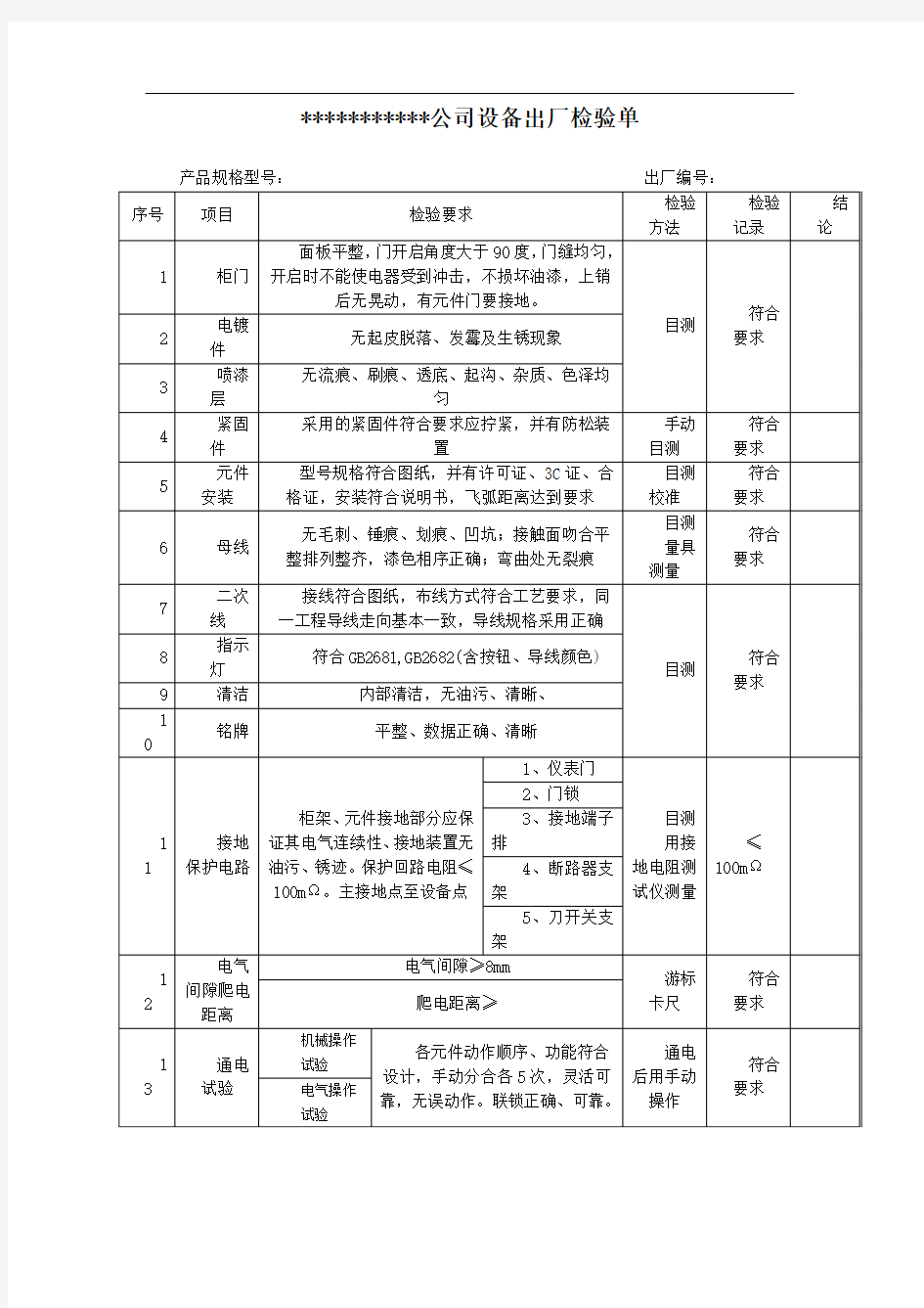 电控柜检验单