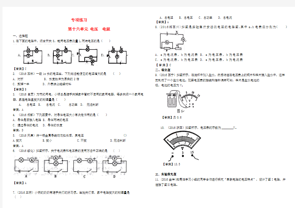 中考物理总复习专项练习十六电压电阻