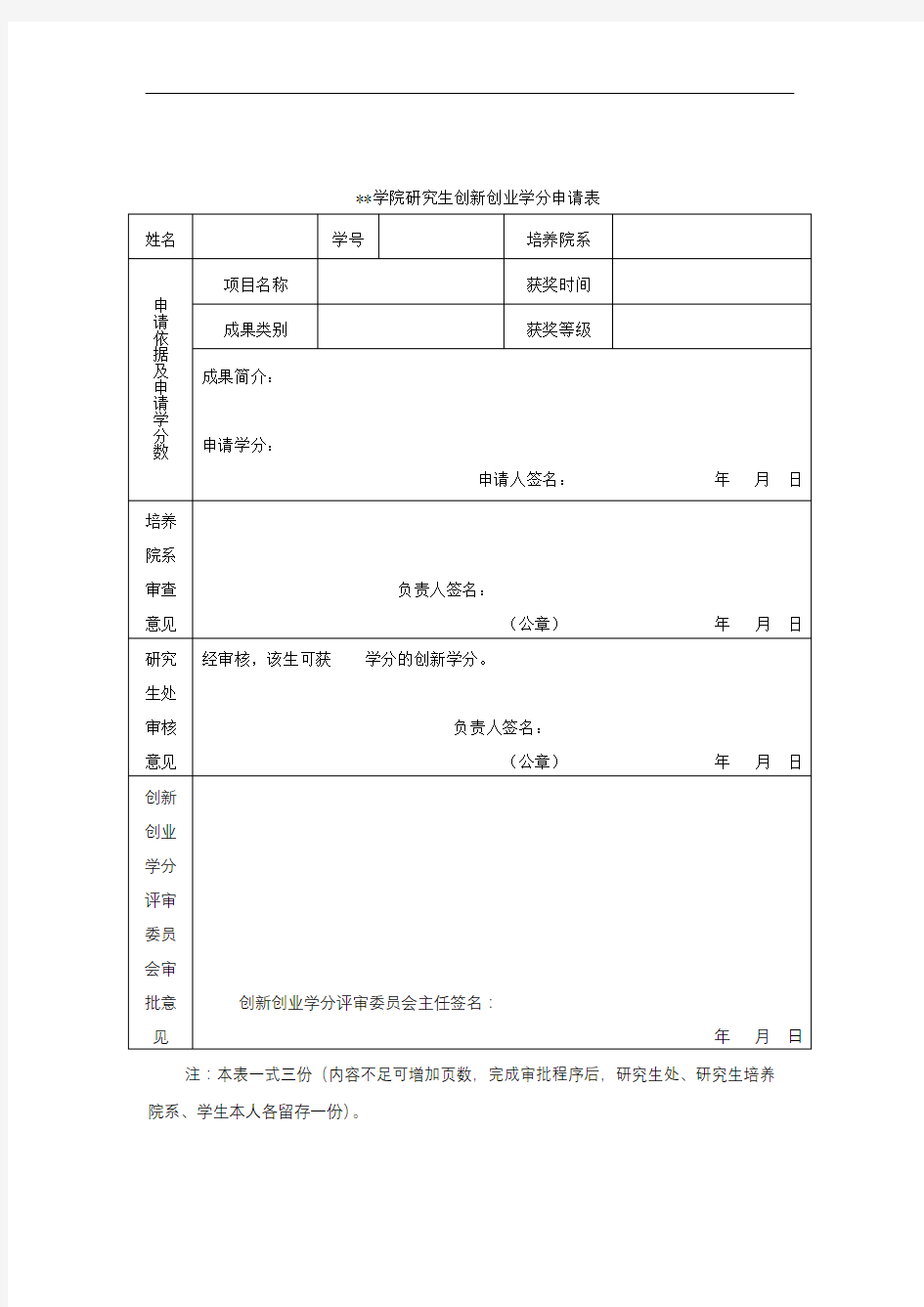中国劳动关系学院研究生创新创业学分申请表【模板】