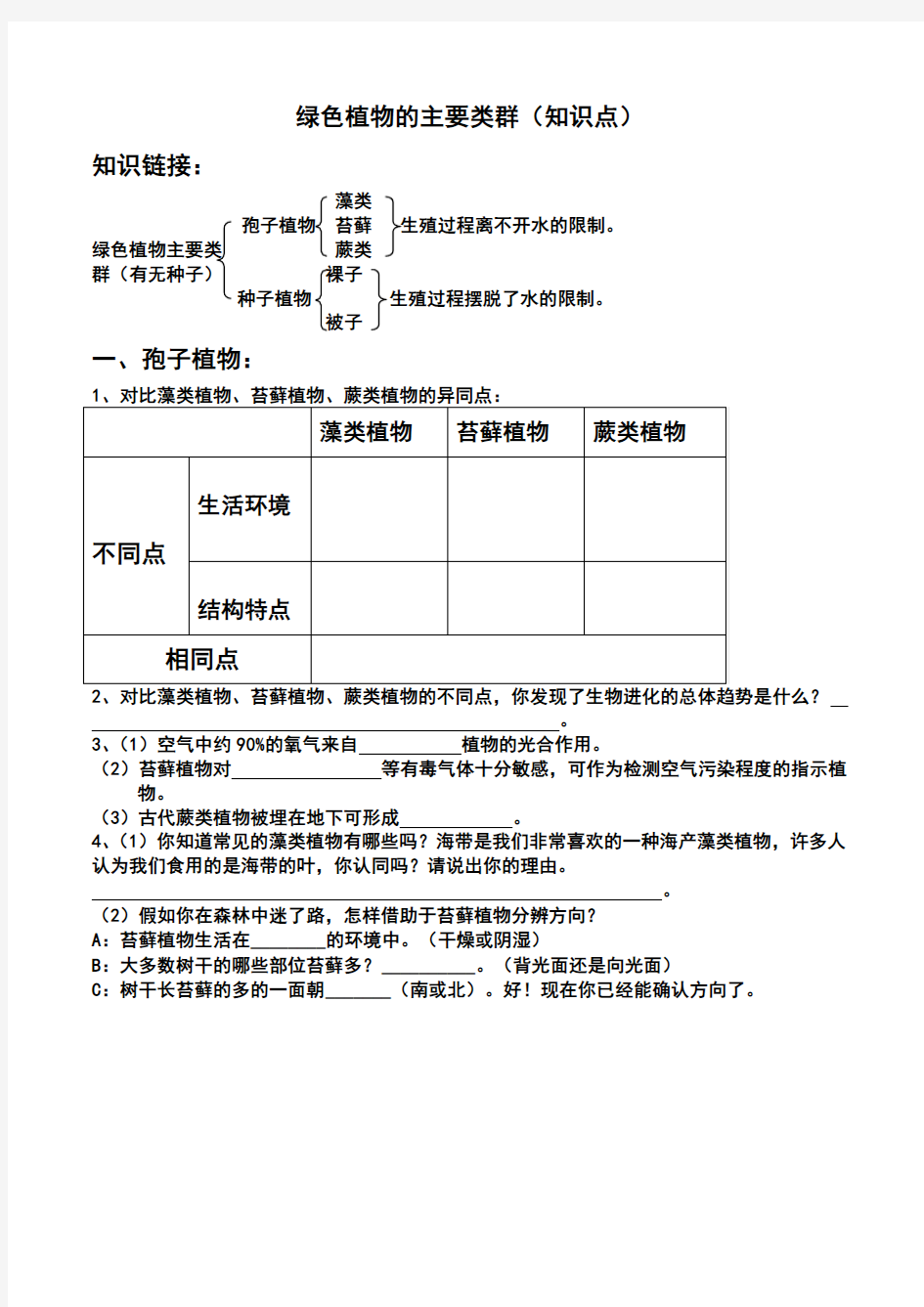 绿色植物的主要类群(知识点及答案)