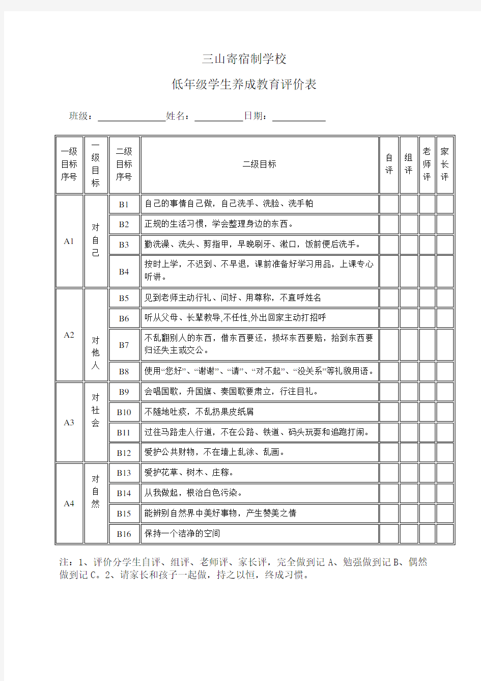 低年级小学生养成教育评价表