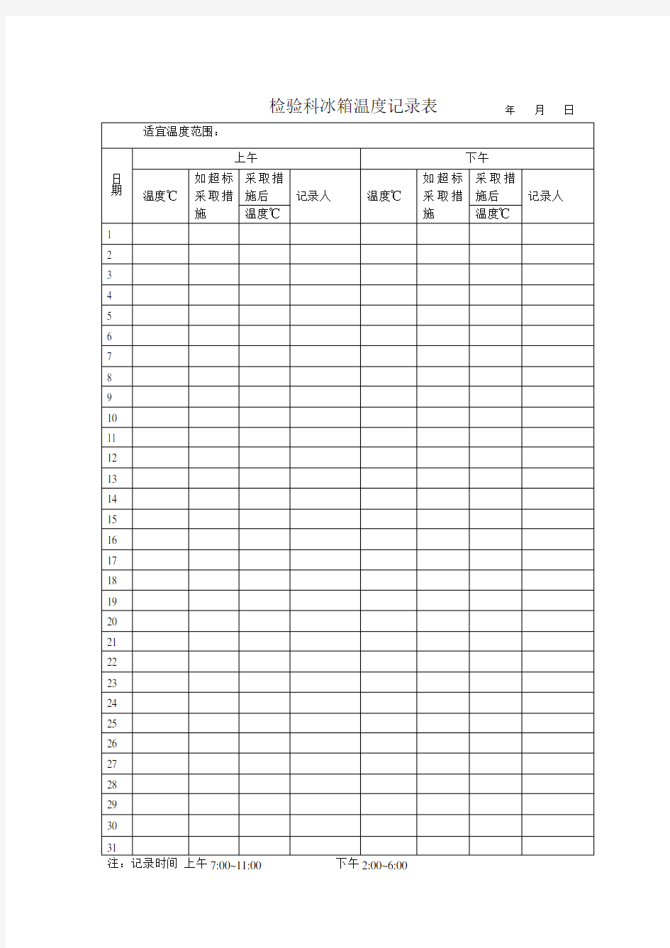 检验科冰箱温度记录表