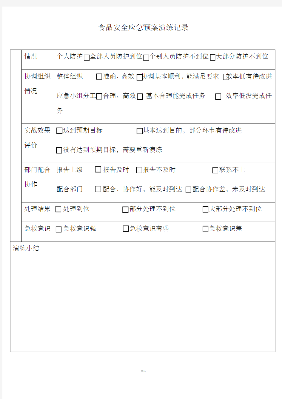 食品安全应急演练记录表格