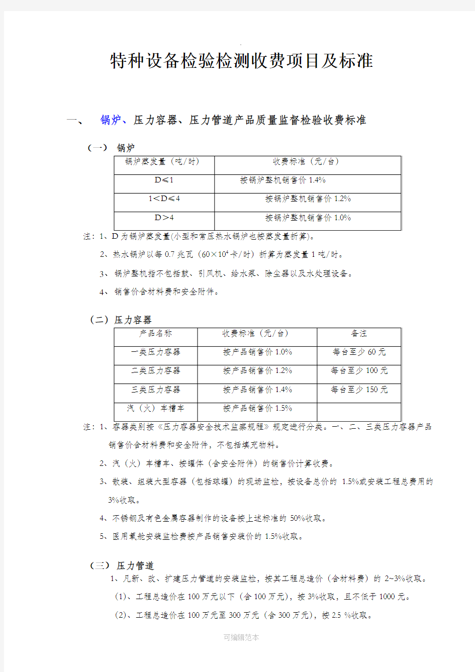 特种设备检验检测收费项目及标准