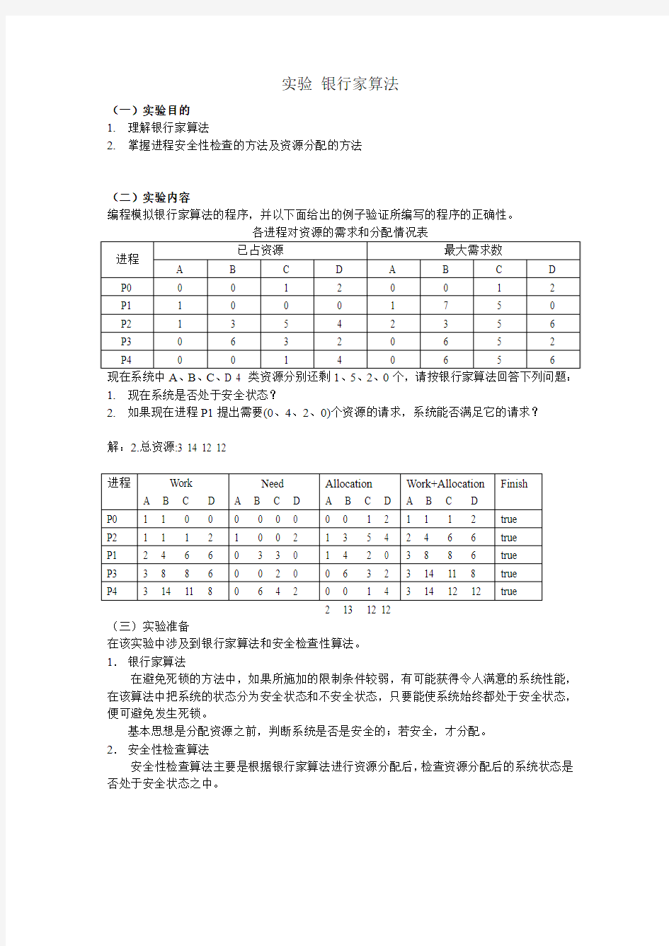 银行家算法模拟实验