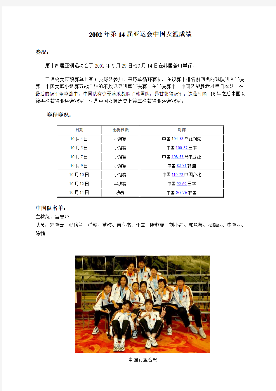 2002年第14届亚运会中国女篮成绩