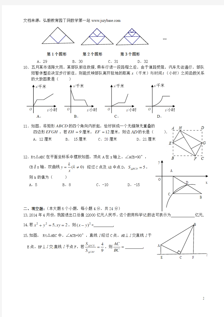 重庆市梁平实验中学2014届九年级数学下学期第二次定时作业试题