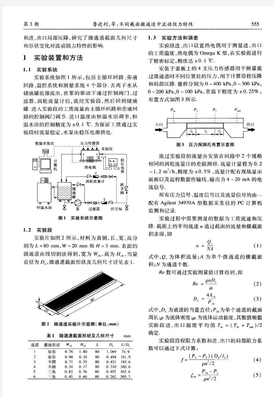 不同截面微通道中流动阻力特性