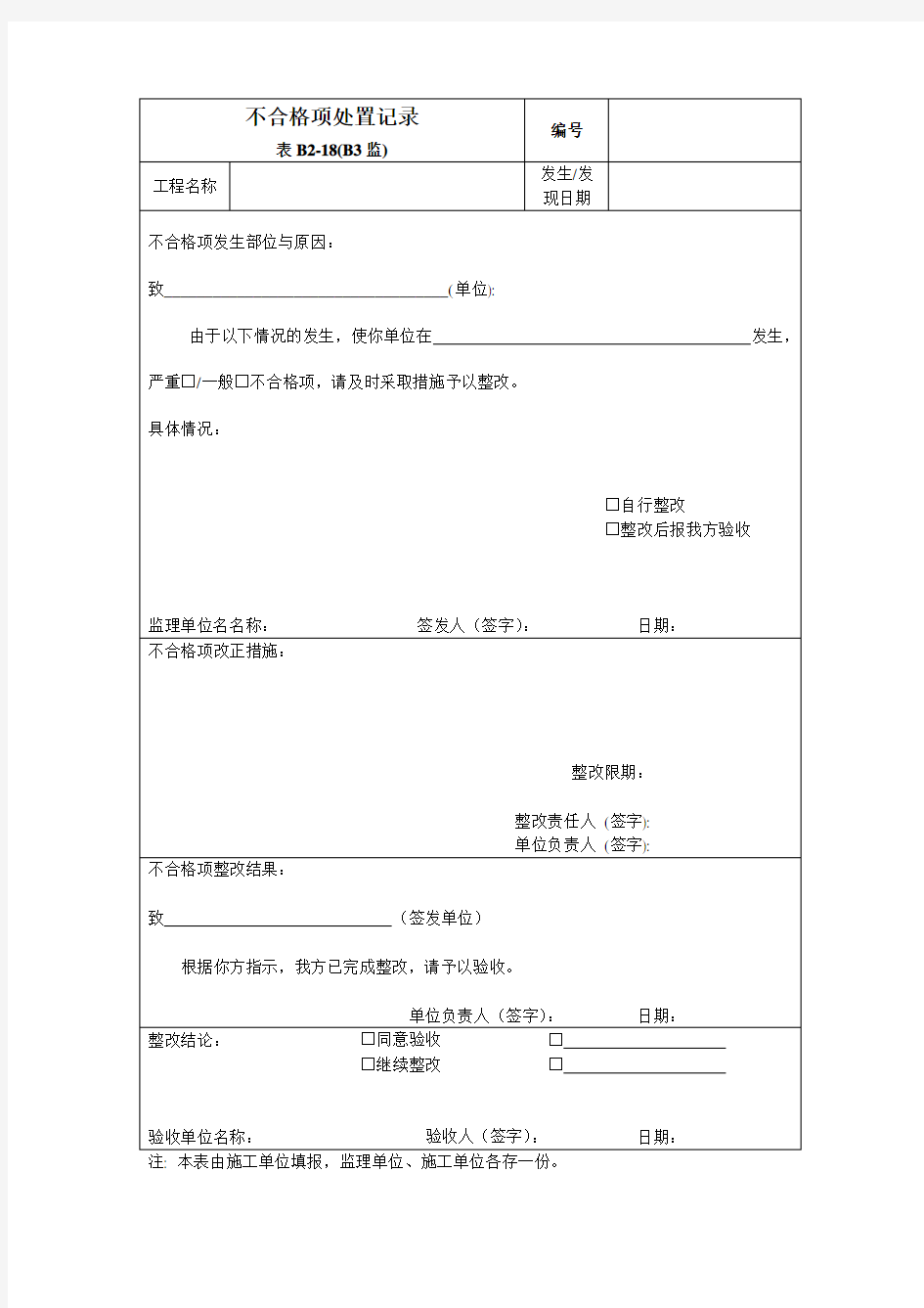 不合格项处置记录