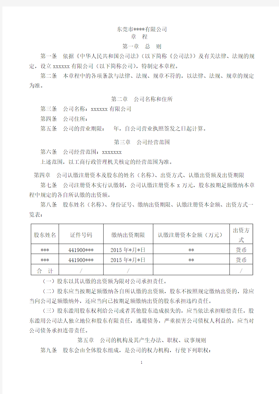 2015年有限责任公司章程模板