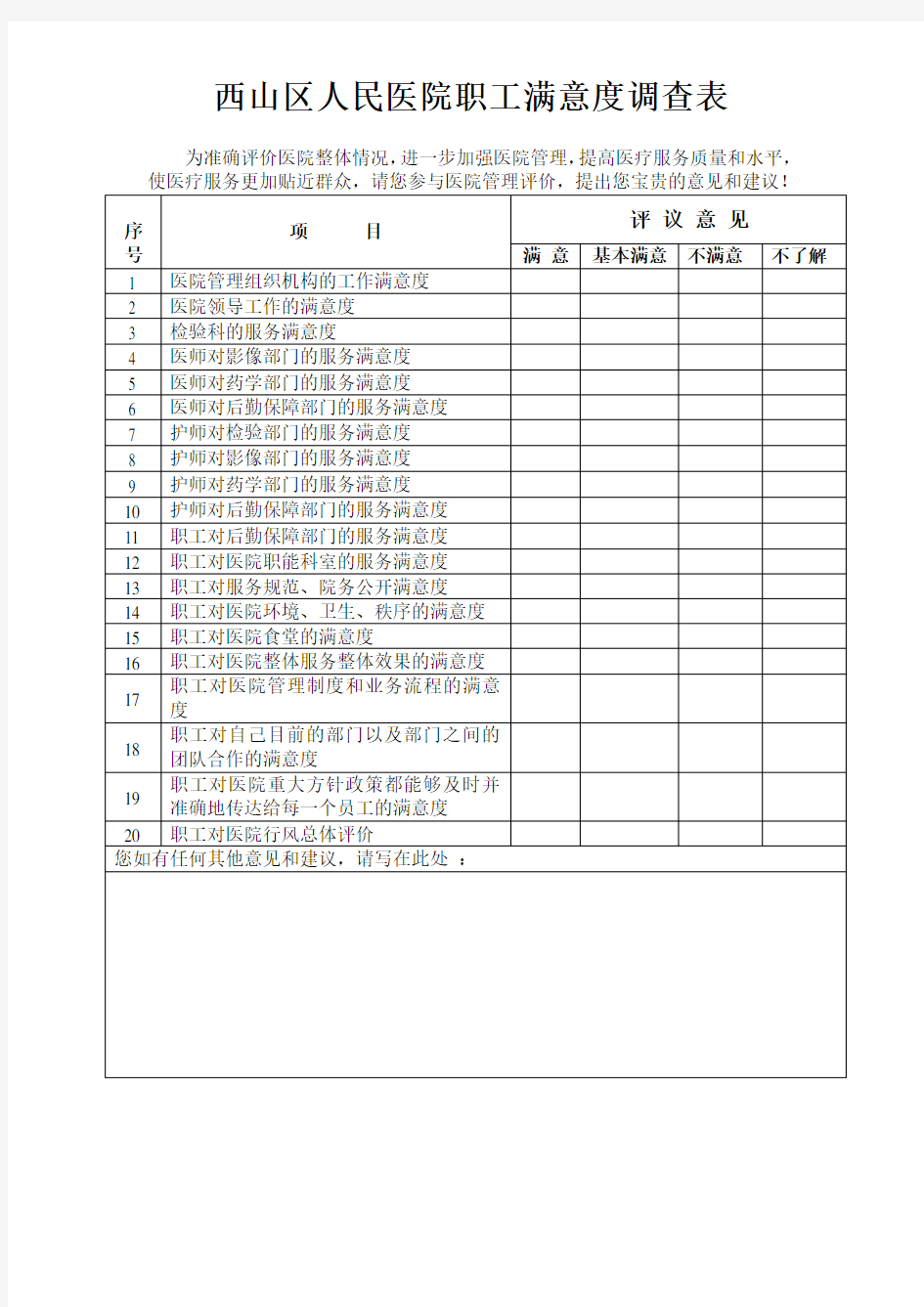 医院职工满意度调查表