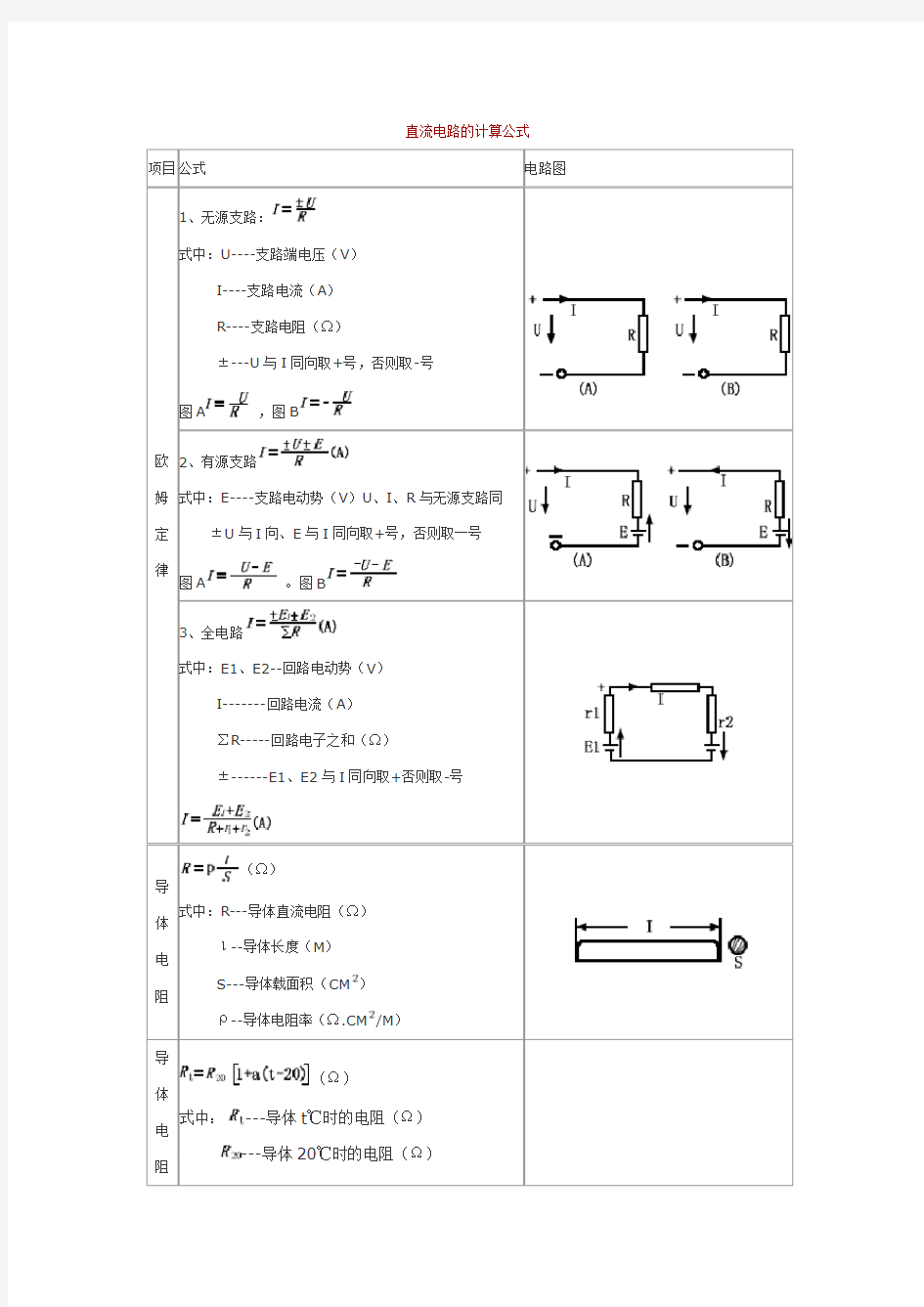 直流电路计算公式