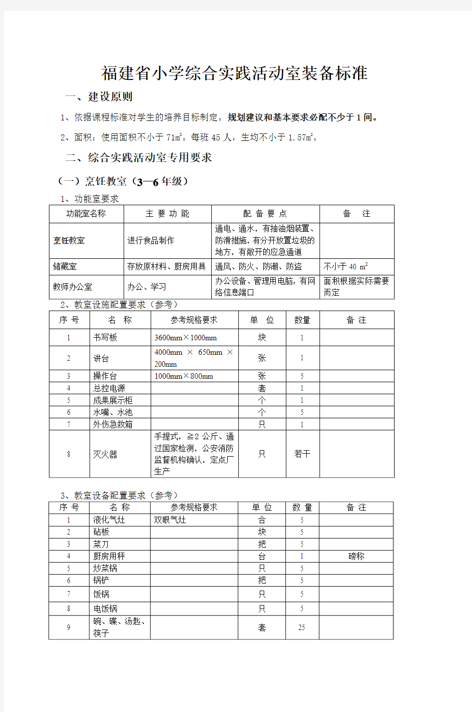 福建省小学综合实践活动室装备标准