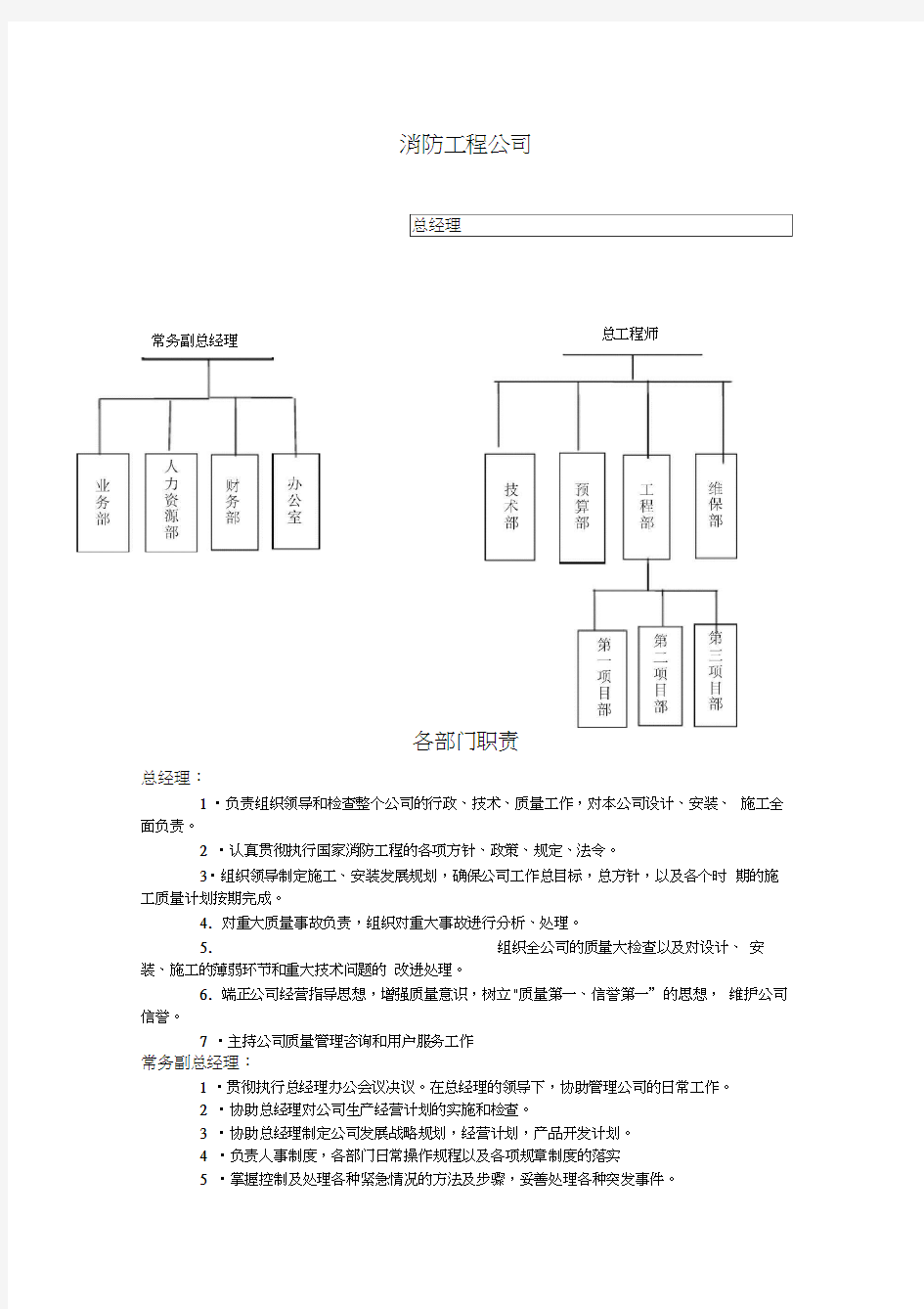 消防工程企业各部门职责